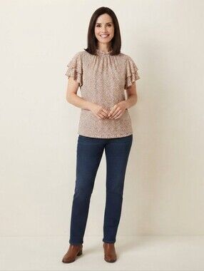 Adrianna Papell Blush Pink Animal Print Ruffle Mock Neck Blouse Size L
